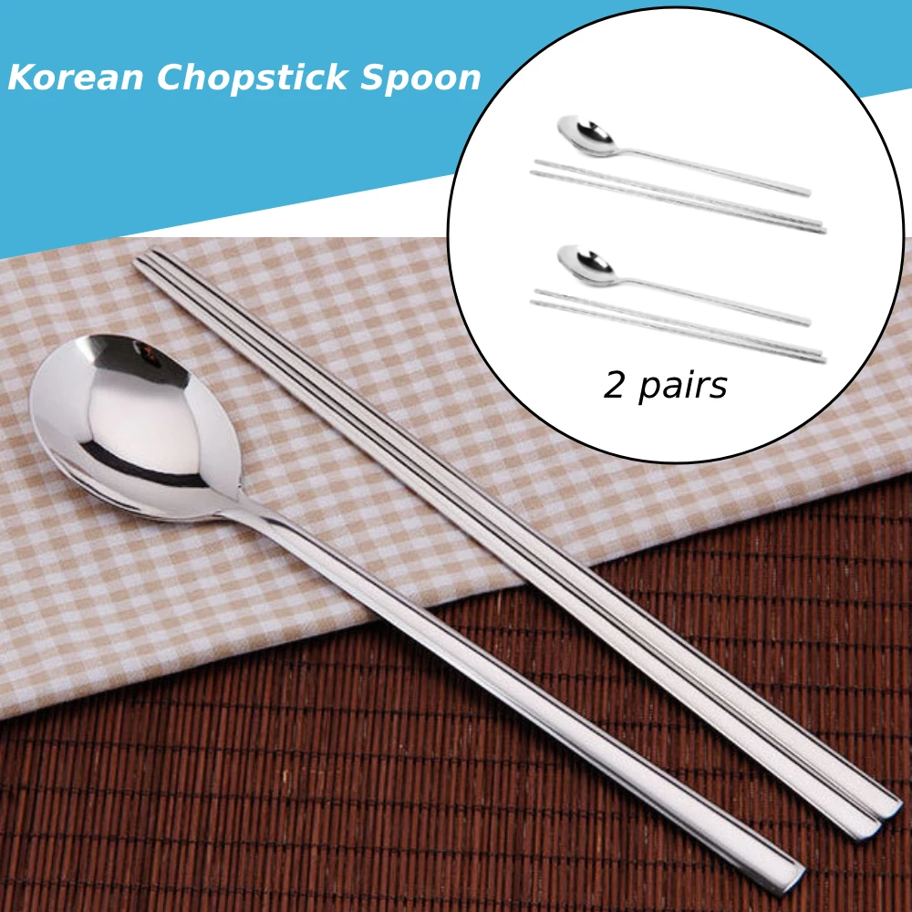 2 sets Korean Stainless Steel Chopsticks & Spoons Tableware Dinnerware Durable Light Luxury Stainless Steel Tableware