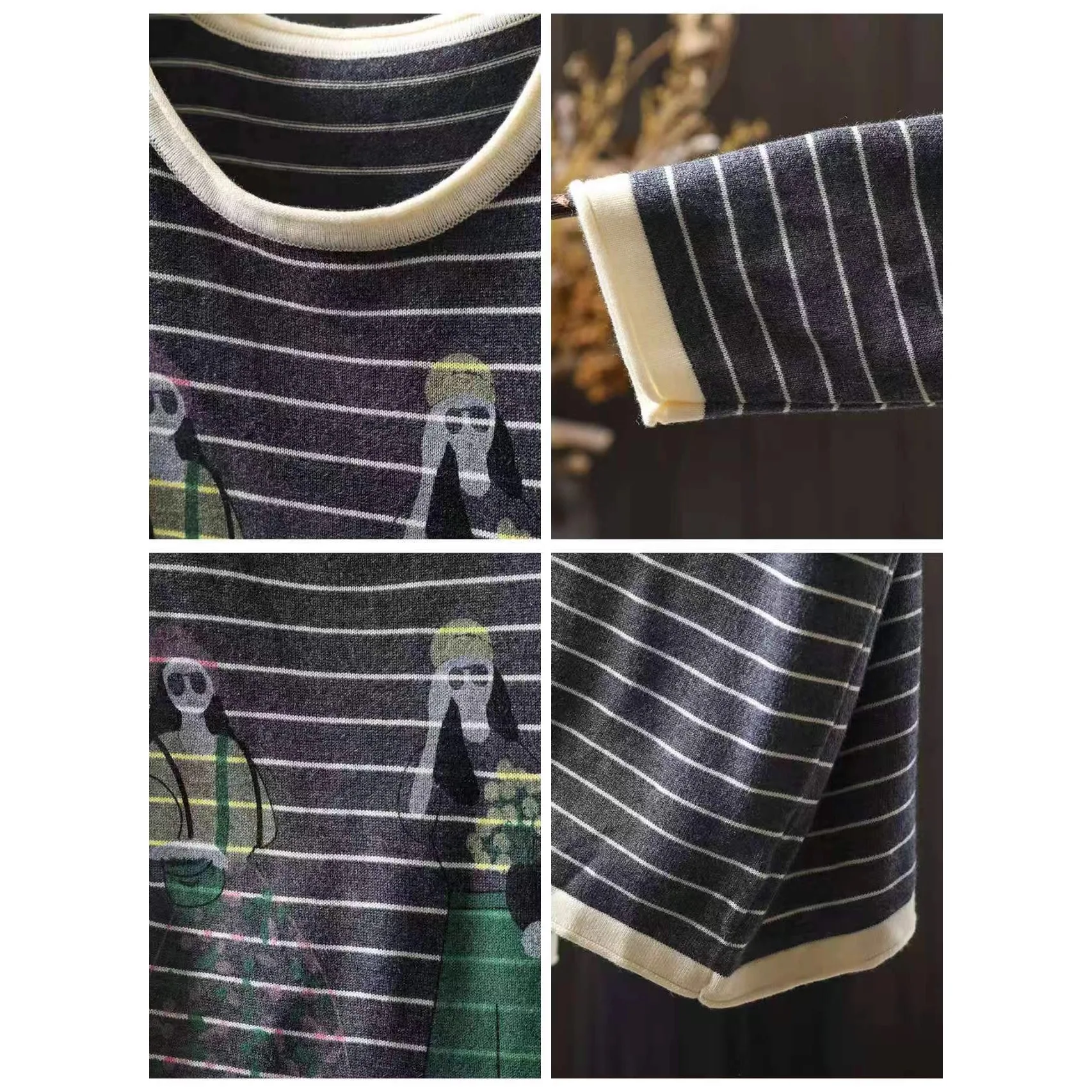 المرأة القطن متماسكة البلوز بأكمام طويلة مخطط الكرتون نمط فضفاض مريح اللون سترة ملابس كاجوال الإناث #5