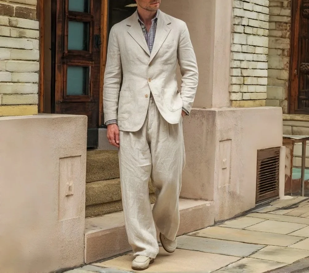 Trajes de Lino Beige Relajados de 2 Piezas Estilo Vintage Años 70 para Hombre, Traje de Novio para Boda, Blazer y Pantalones, Ropa Hombre
