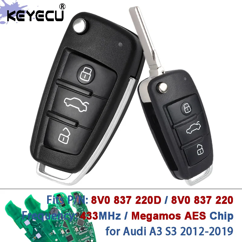KEYECU P/N: 8V0 837 220 D/ 8V0837220 434MHz Keyless Remote Car Key Fob for Audi A3 S3 2012 2013 2014 2015 2016-2019