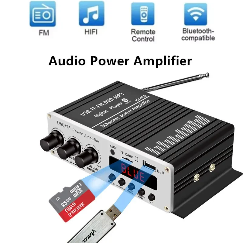 HY-470 Audio Power Amplifier HiFi BT 5.0 Channel 2.0 AMP with Treble Bass Support for Vehicles and Small Home Gatherings