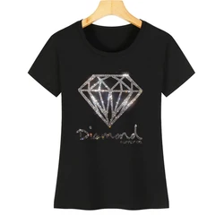 IZEVUS Hot Women's Summer Casual Cotton Short Sleeve T Shirt Shiny Diamond Hot Diamond T Shirt