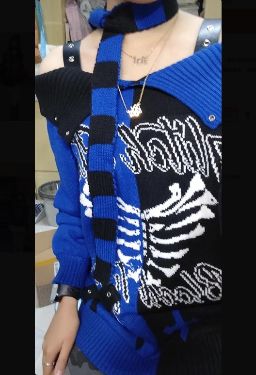 

Японский оригинальный свитер в готическом стиле Y2K для девушек, с открытыми плечами, осенне-зимний, универсальный, милый, с длинными рукавами, с принтом, пуловер