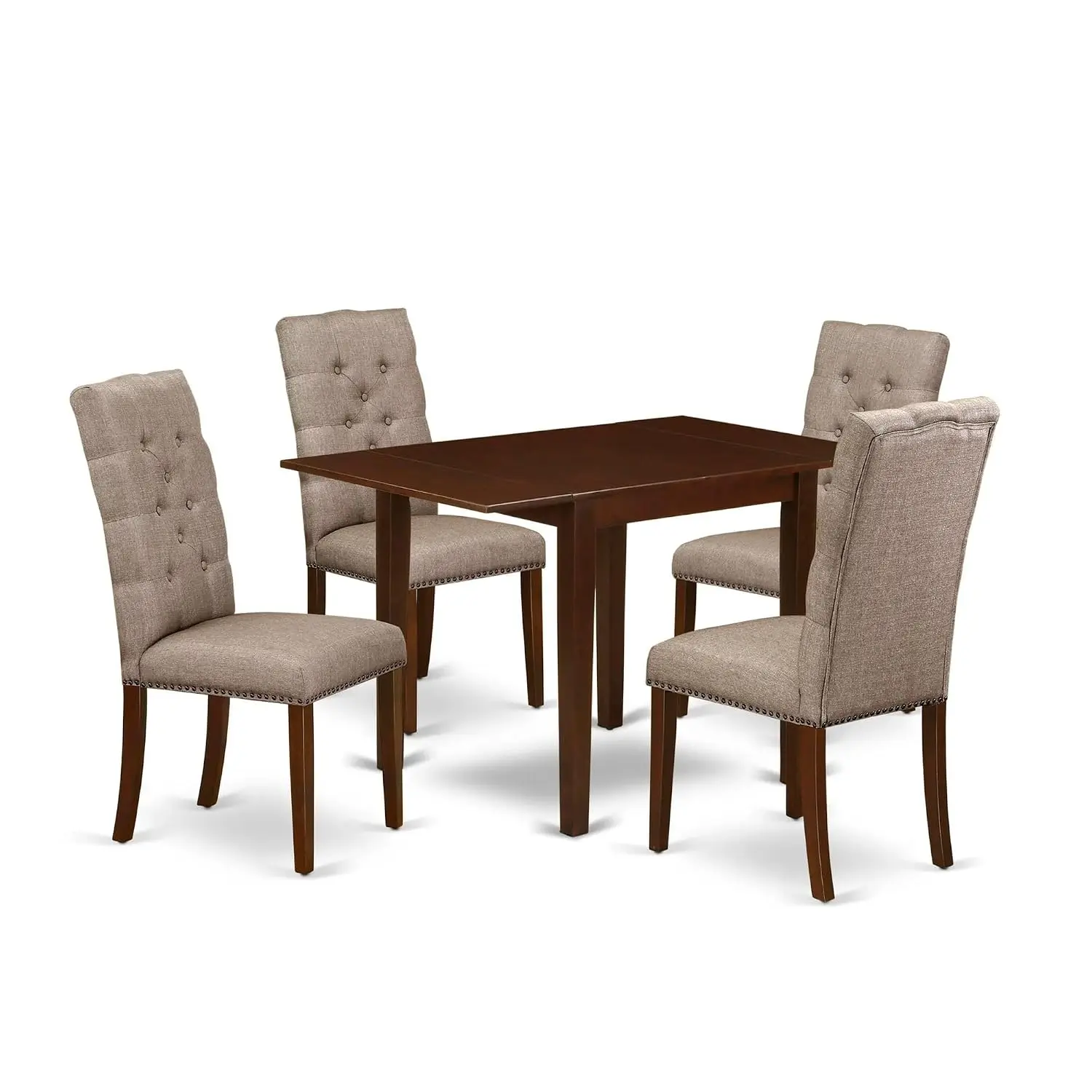 Rectangle Dropleaf Dining Table & 4 Dark Khaki Linen Fabric Upholstered Chairs 5 Piece Set 30x48 Inch Mahogany, Customized