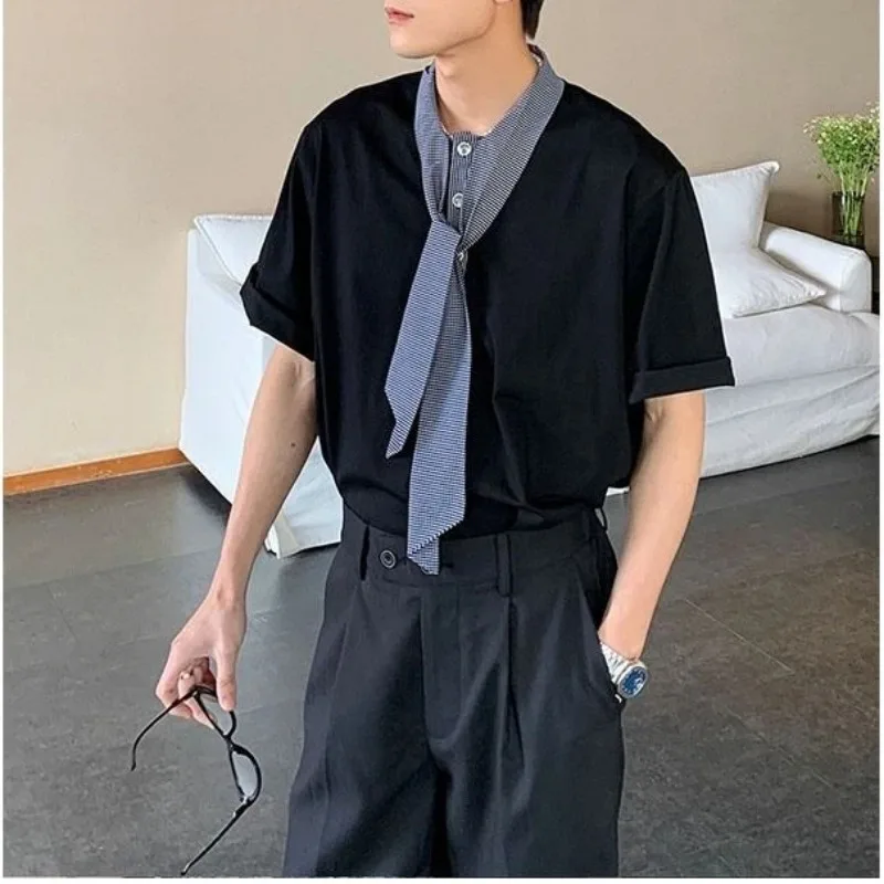 Men's Spring Summer Black Short Sleeve Shirt Striped Tie Collar Decor Casual Loose Fit Button Up Blouse For Men