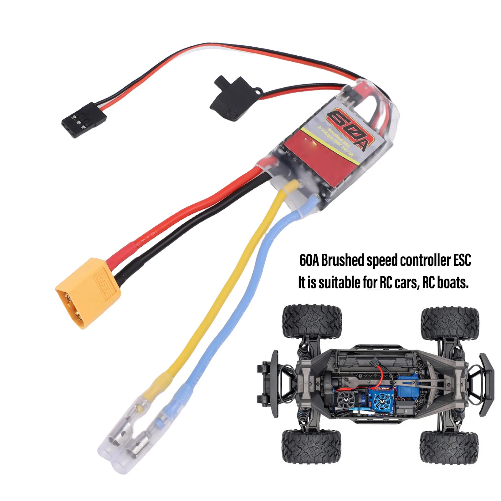وحدة تحكم سرعة كهربائية 60 أمبير للسيارات والقوارب التي تعمل بالتحكم عن بعد، مناسبة للمحركات الكهربائية 380 390 540 550، 2-3S مع قابس XT60
