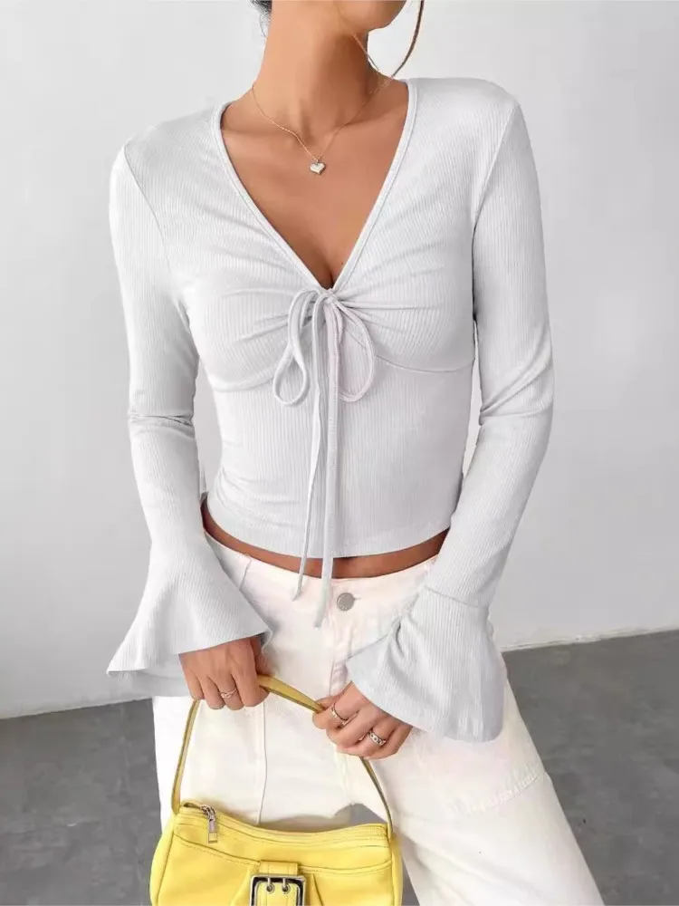 Casual Solid T Shirt Top Lady Fashion V Neck Long Sleeve Pullover Tshirts Tops For Women Elegant Office Womens Clothing Spring