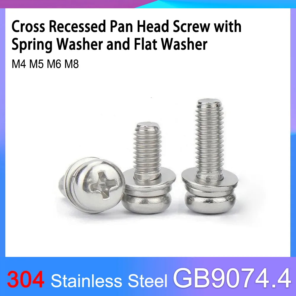 

304 Stainless Steel Phillips Pan Head Screw with Washer M4 M5 M6 M8 Three Combination Screw GB9074.4 Length=6-45mm