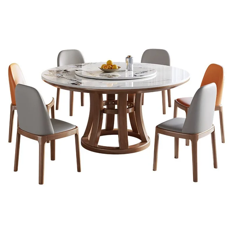Solid wood rock slab dining table and chair combination round table small apartment induction cooker dining table hot pot rock