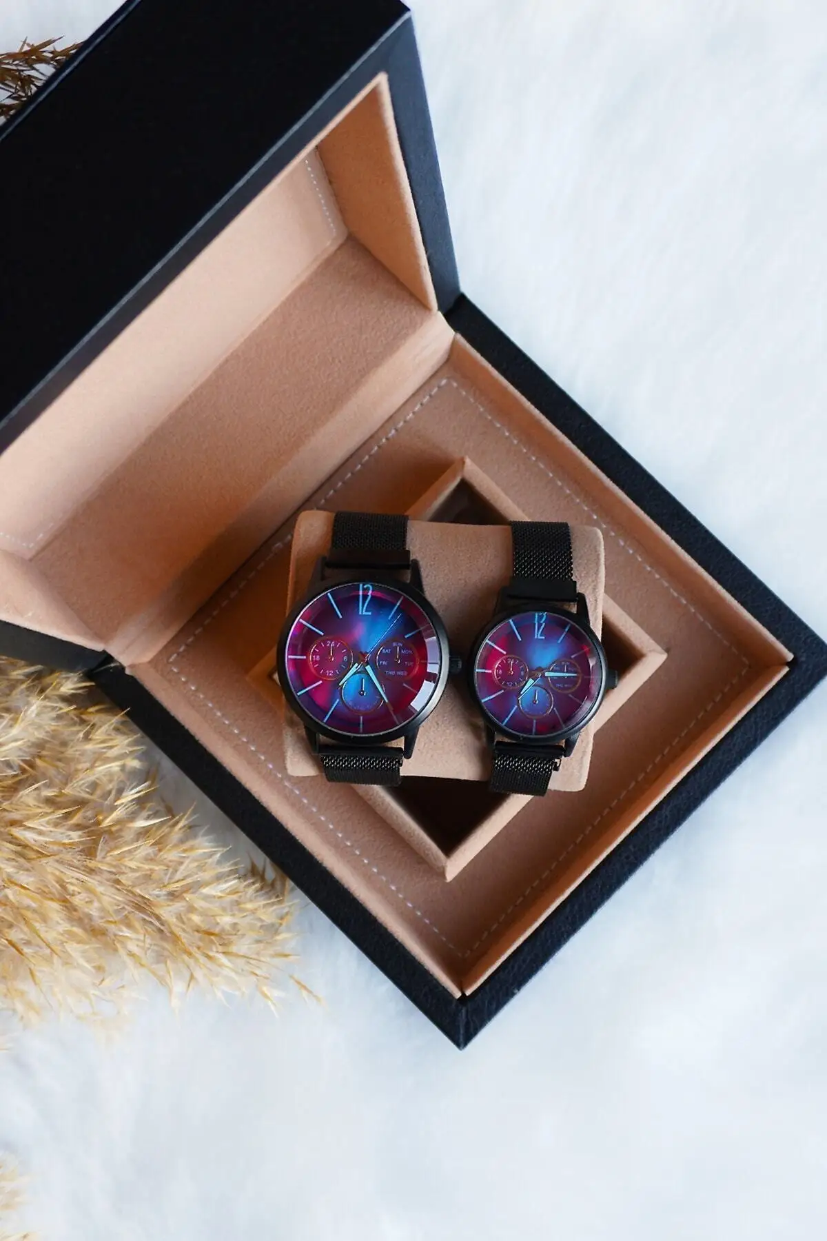 Montre-bracelet en verre coloré pour Couple, cordon tressé noir, cher pour femmes et hommes