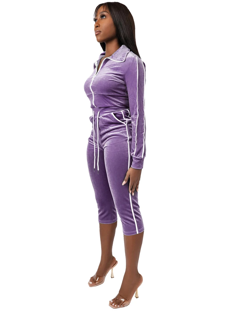 JENYAGE Velours-Samt-Zweiteiler für Damen, dehnbar, einfarbig, mit Reißverschluss, kurzem Oberteil mit Kragen, Capri-Hose mit seitlichem Streifen, figurbetonter Trainingsanzug – Detail 12