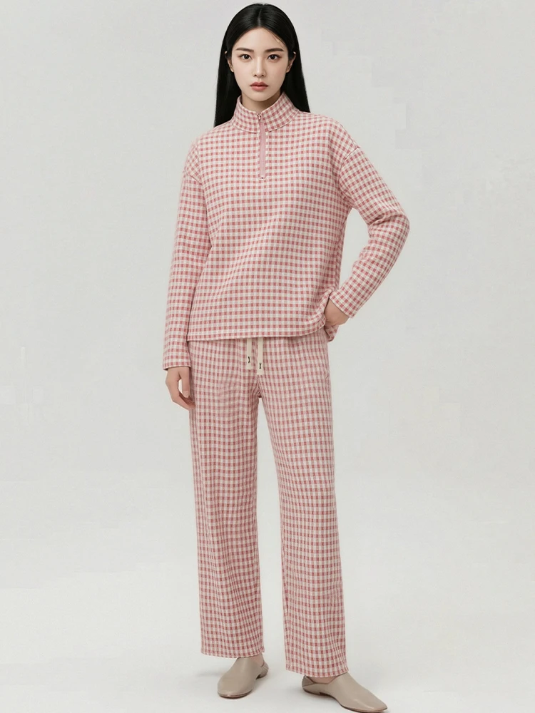 Thickened Fluffy Home Clothes Set Long Sleeve Stand Collar Home Leisure Two Pieces Winter Warm Plaid Nightgown for Men And Women