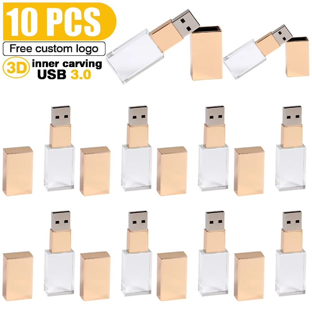 JASTER 10 PCS LOT Crystal USB 3.0 Flash Drive 128GB Gold 64GB Rose Gold Free Engraved Logo Wedding Commemorative Gift Pen Drive