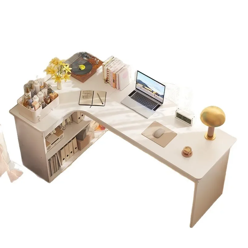 Faux solid wood corner desk and bookshelf integrated computer desk, bedroom home desk storage cabinet