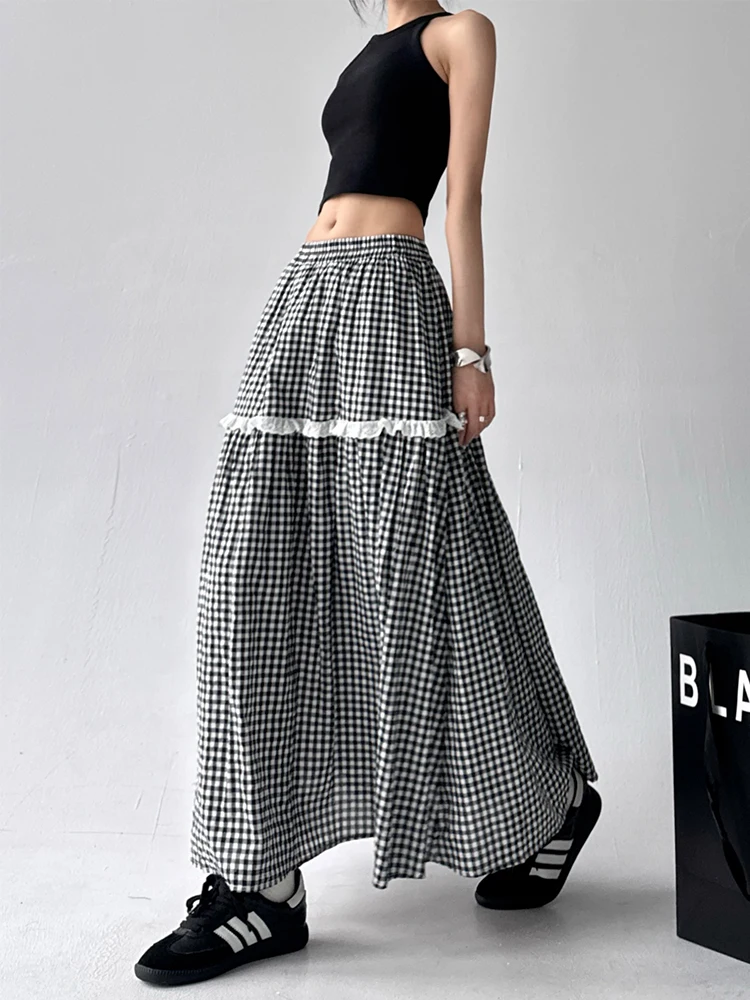 Gonna a trapezio scozzese a vita alta Primavera Estate da donna Nuova gonna lunga con elastico in vita patchwork con finiture in pizzo