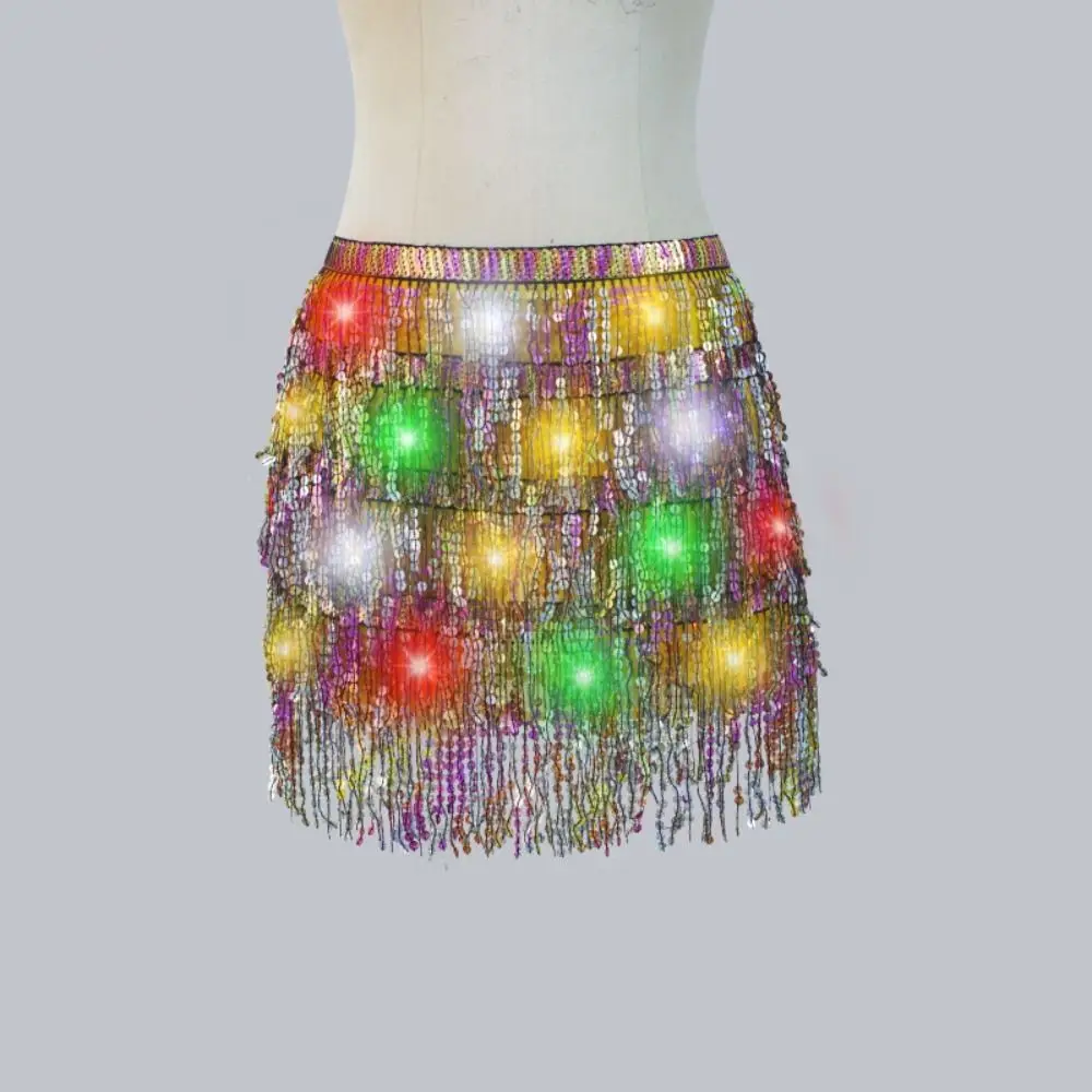 Belt Wrap Belly Dance Hip Scarf Star Fringe Lace-up LED Sequin Tassel Skirts Shiny Halloween Christmas Light Up Hip Scarf
