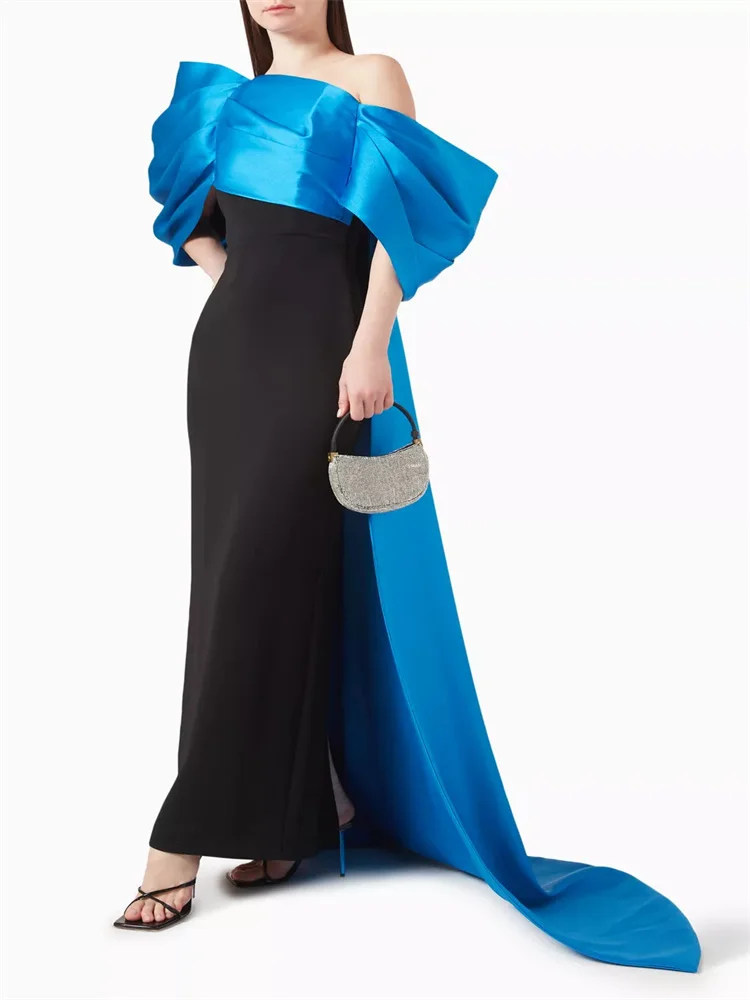 Hot Selling One-Shoulder Neckline Puff Sleeves Satin Sheath Evening Dress Elegant Open Back With Bow Floor Length Gown For Women