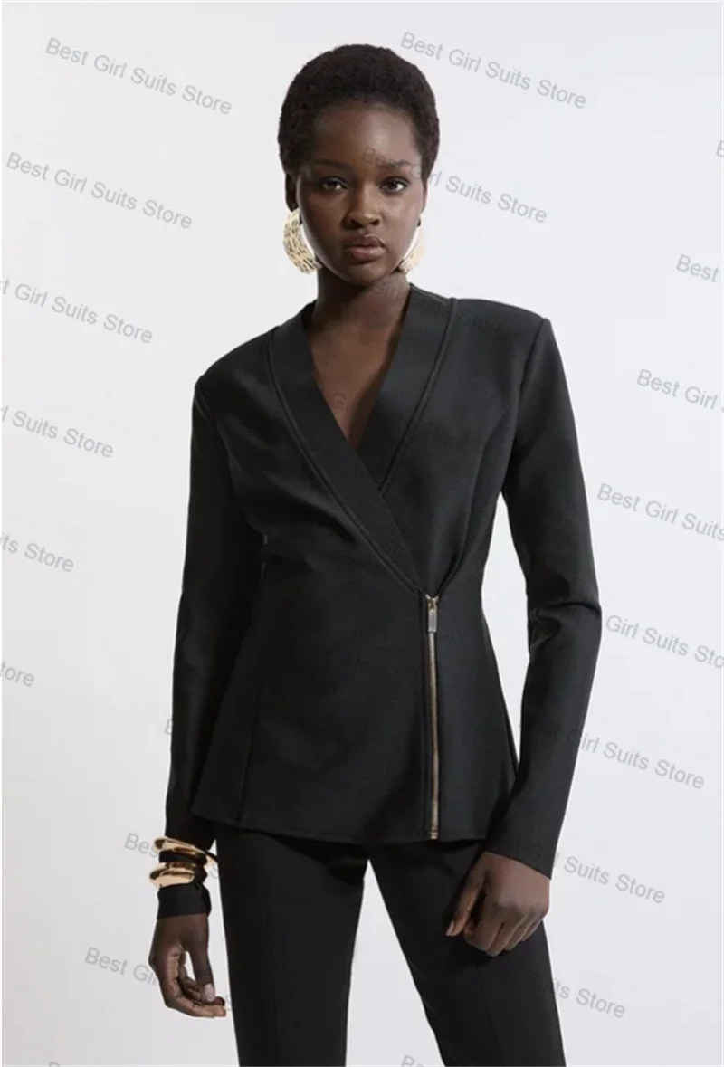 

Black Women Suit Set 2 Pcs Zipper Blazer+Pants Autumn Fall Formal Office Lady Jacket Customized Wedding Tuxedos Prom Dress