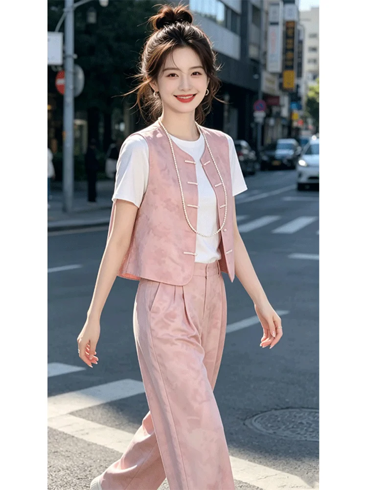 

New Chinese Style Pink Vest And White T-Shirt Set Women's Fashionable Summer 2026 Breathable Casual Wear High Waist