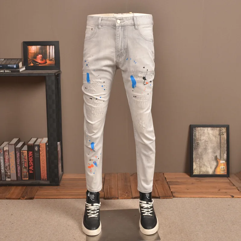 Summer Thin Light Gray Ripped Jeans for Boys Slim Fit Stretch Washed Distressed Paint Design Trousers