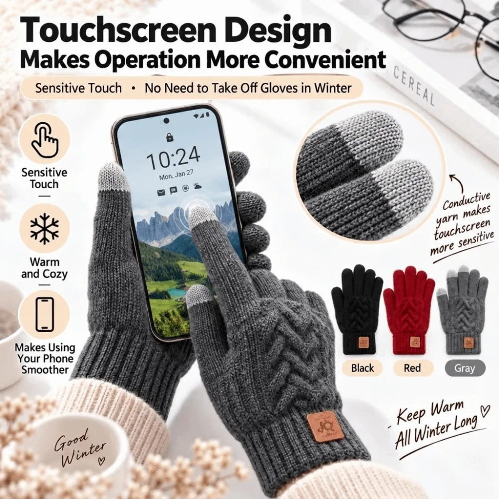 Durable Unisex Touch Screen Gloves Acrylic One Size Winter Warm Gloves Cable Knitted Gloves Cold Weather Wear