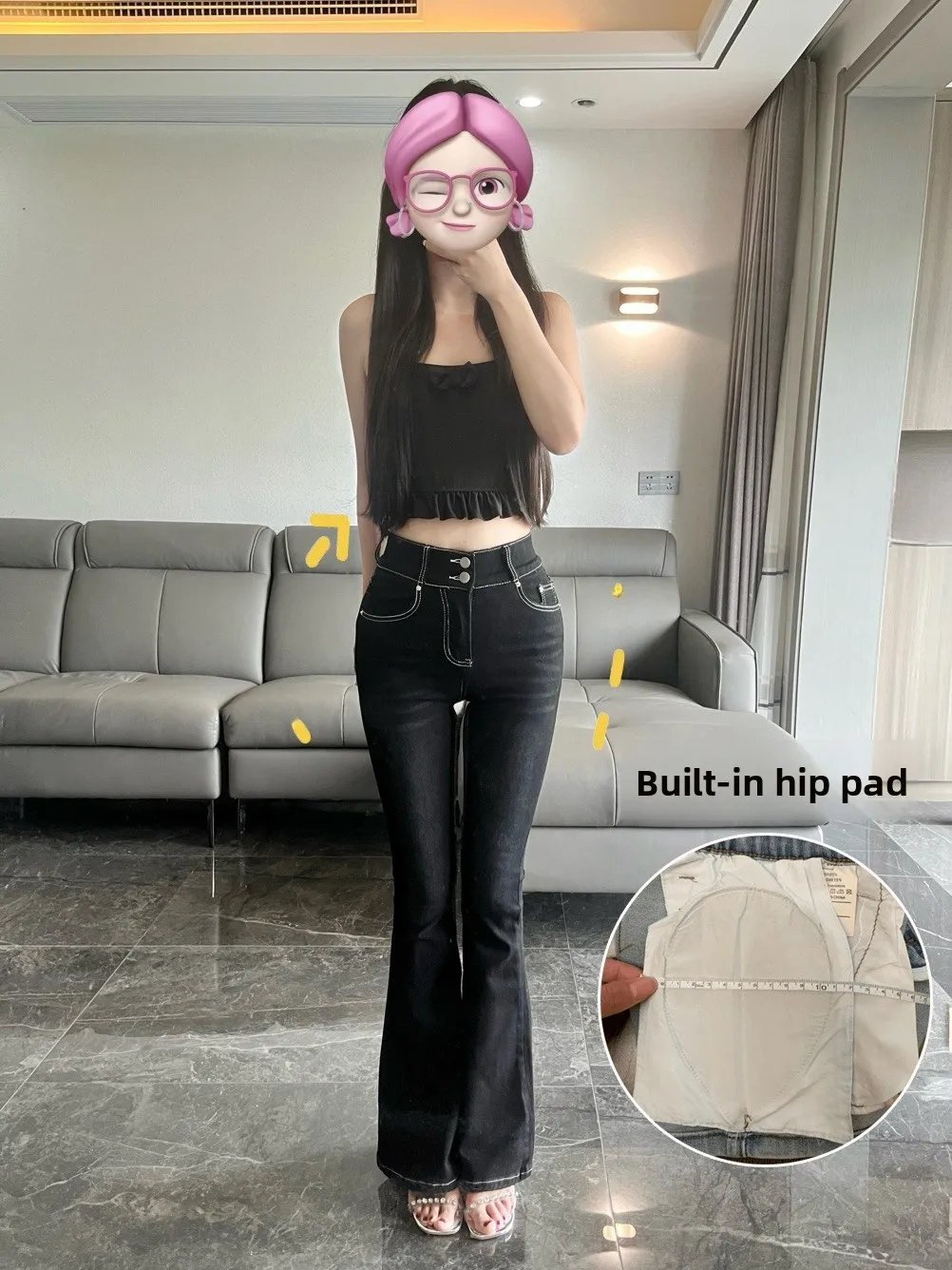 

High Waist Bell Bot Jeans Women's Denim Pants with Built-In Hip Pad Waist Cinching Butt Lifting Cotton Stretch Denim