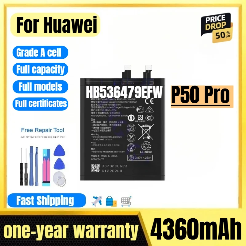 HB536479EFW for Huawei P50 Pro Phone Battery 0 Cycle High Quality High Capacity Replacement Bateria Grade A Cell with Tools