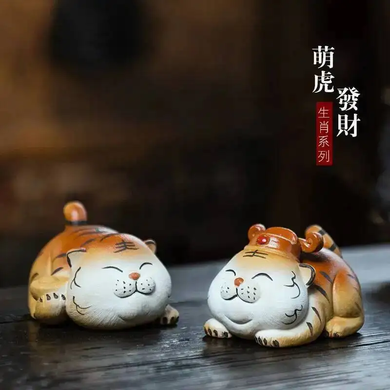 Zisha Tea Pet Tiger Ornament Handmade Zodiac Brushed Clay Painted Small Tiger Tea Play Tea Play Accessories Чаепитие