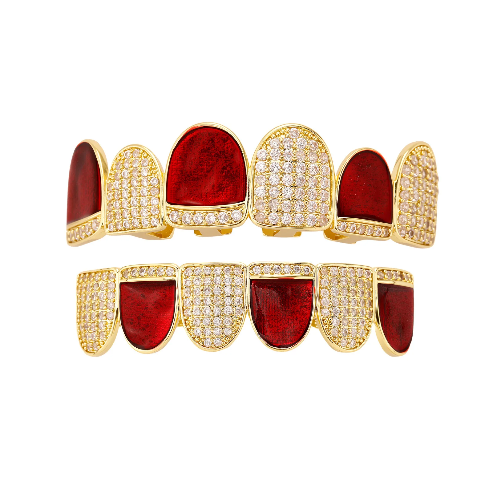 Christmas Red Enamel Iced Out Grillz Set Glow In Dark Two‑Tone Teeth Cap Copper Hip‑Hop Rapper Gold Silver Tone Party Accessory