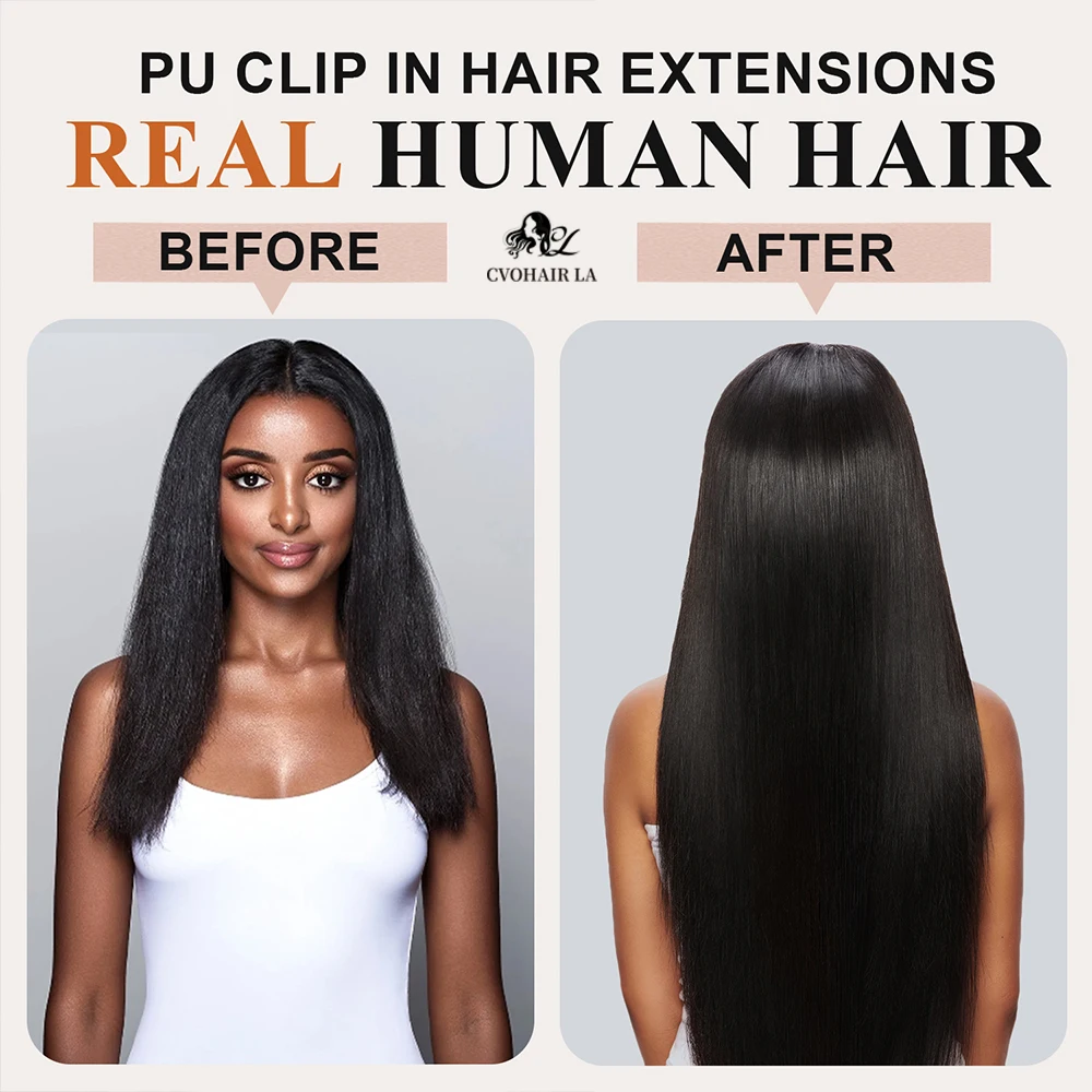 مستقيم سلس كليب Ins 100% وصلات شعر بشري بولي Clip كليب Ins الشعر التمديد للنساء كامل الرأس 120 جرام اللون الأسود الطبيعي