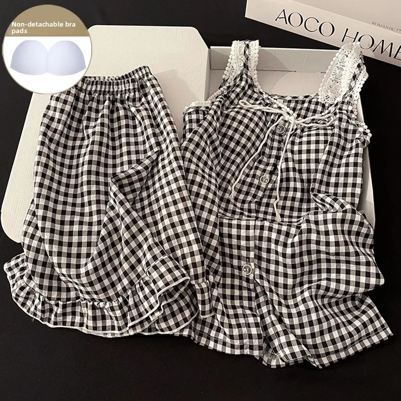 

2025 New Women's Spwear Set with Chest Pad Pure Cotton Strap Home Clothes Knot Plaid Sweet ort Pants Home Suit