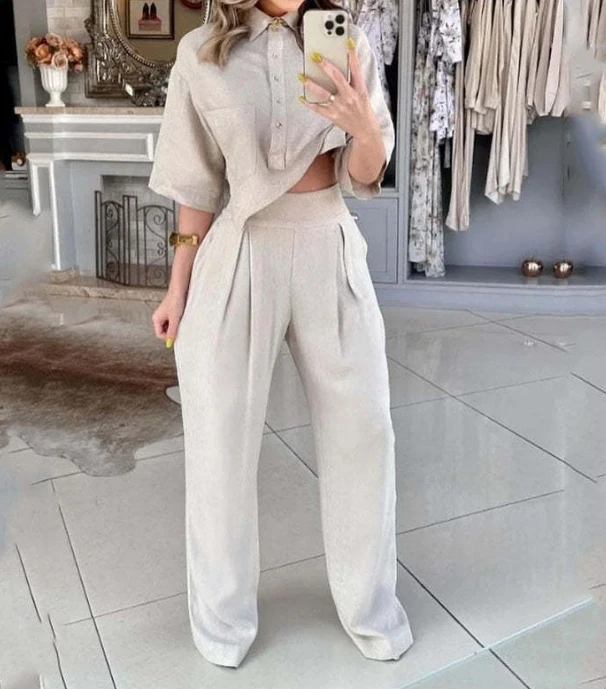 

Minimalist Style 2024 Spring/summer Women's Two Piece Set Solid Color Fashion Design Irregular Top Casual Pants Set