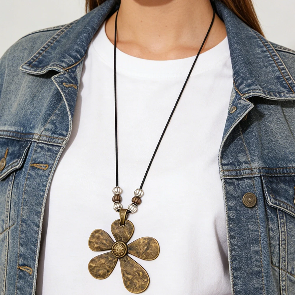 1 x Bronze Color Vortex Circular Sweater Chain Alloy Bohemian Men Women Personality Pendants Long Wax Rope Necklaces Jewelry