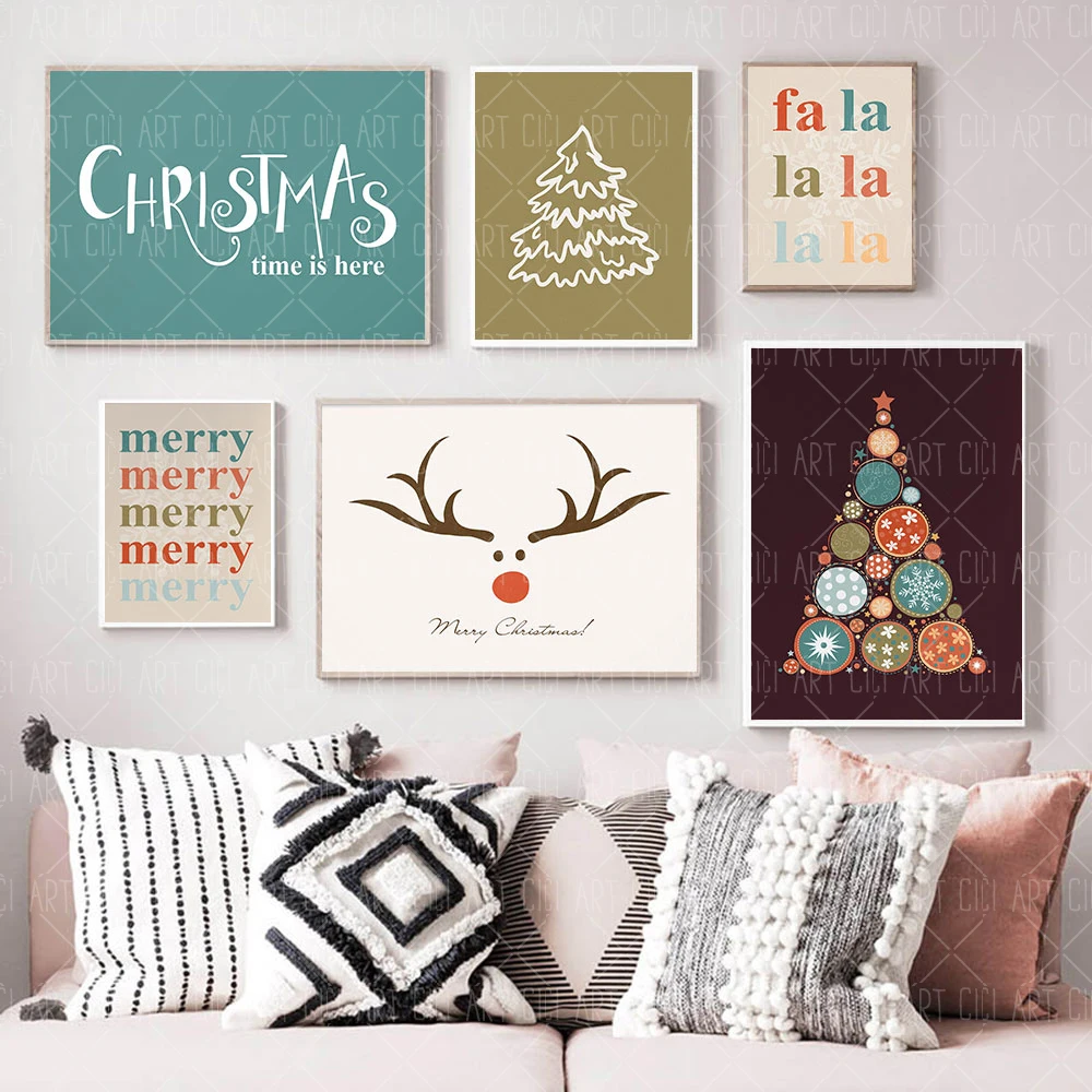 Merry Christmas Tree Poster Deer Snowflake Art Print Fa La La Canvas Painting Wall Picture Living Room Home Decor Holiday Gift