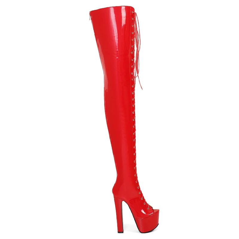 Super Hoge Laarzen Vrouwen Veters Herfst 17Cm Hoge Hakken Over De Knie Laarzen Platform Lange Stripper Fetish Schoenen Dame Grote Maat 46