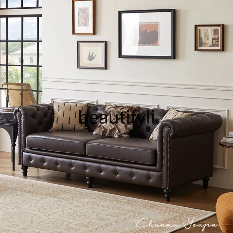

American retro leather sofa first layer cowhide classic American three-person straight row sofa