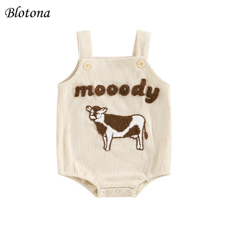 

Blotona Baby Boys Girls Western Overalls Sleeveless Cow Embroidery Rompers Newborn Summer Outfit 0-18M