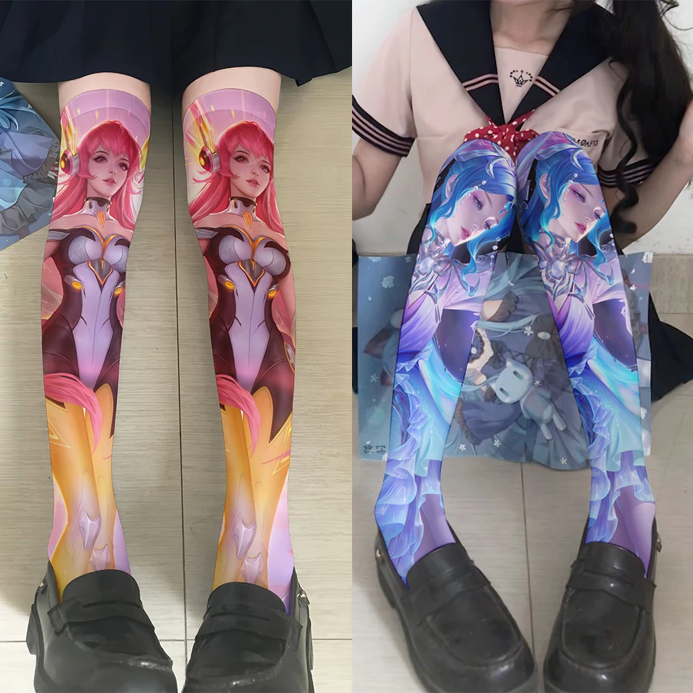 Medias con estampado 3D de dibujos animados para mujer, medias hasta el muslo, Harajuku, Kawaii, Lolita, JK