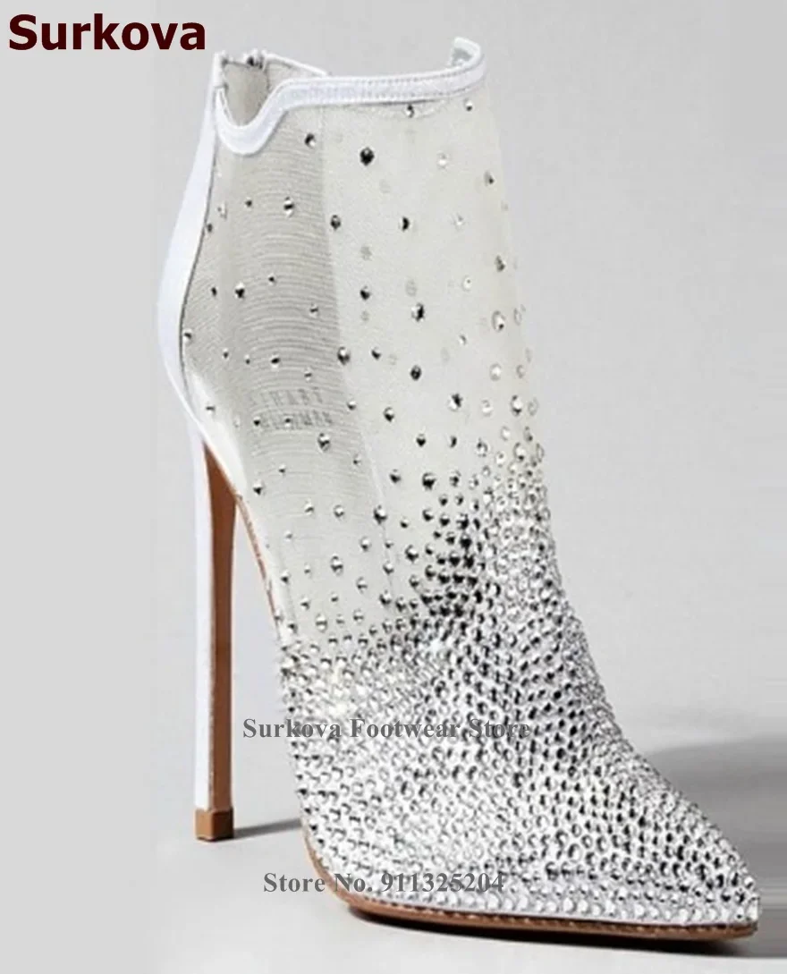 Surkova White Patchwork Mesh Crystal Ankle Boots Bling Bling Rhinestone Decorated Bride Dress Shoes Luxury Thin Heel Booties