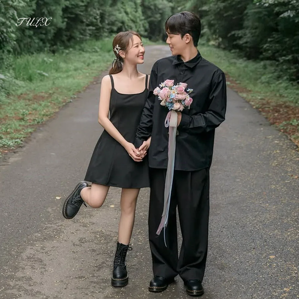 TULX 심플 블랙 미니 이브닝 드레스 한국 포토 촬영 스파게티 스트랩 A라인 숏 웨딩 파티 드레스 코르셋 맞춤 제작 2025