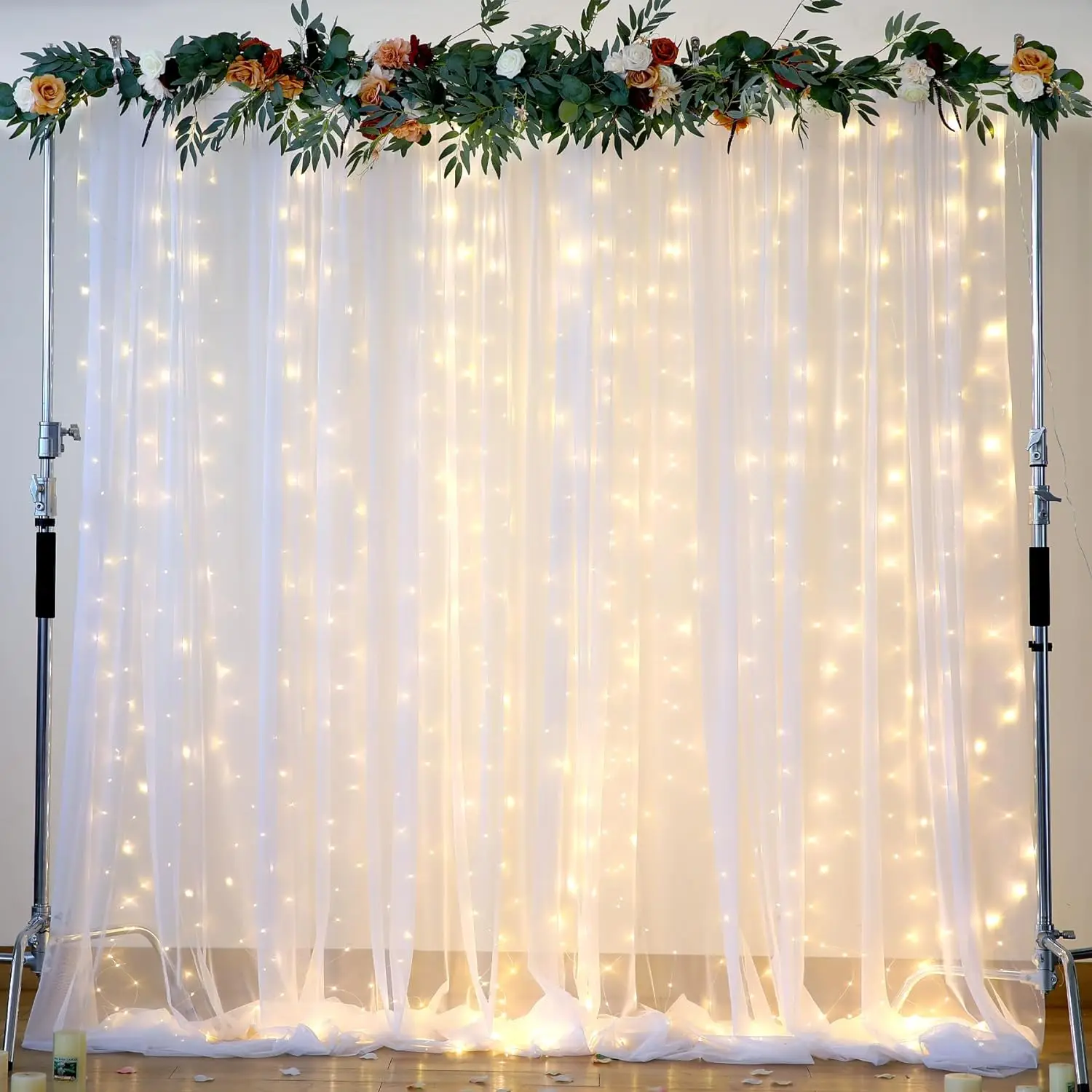 Cortina de pano de fundo de tule branco com corda de luzes para festa de casamento 40 × 10 pés cortinas de fundo transparentes cenário de cortina branca