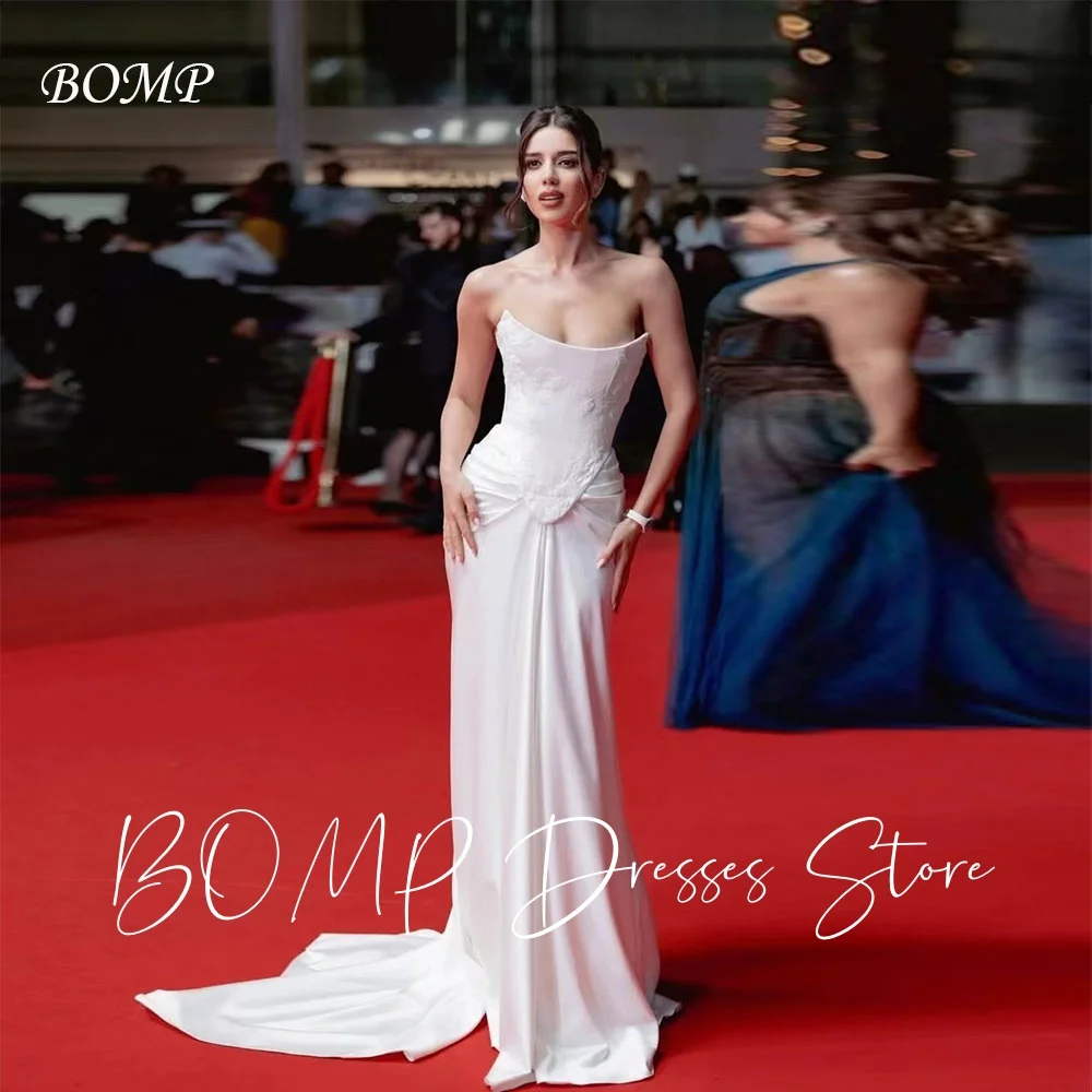 

BOMP Classic Beading Wedding Party Dress Strapless A-Line Sweep Train White Silk Taffeta Evening Gown Cutomized Robe De Mariée