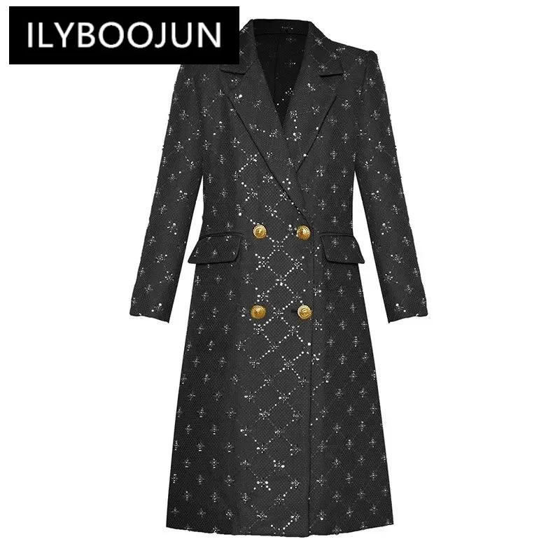 

ILYBOOJUN Winter Women Windbreaker Overcoat Long sleeve Double breasted Plaid Crystal sequins Thickened Wool warm Loose Overcoat