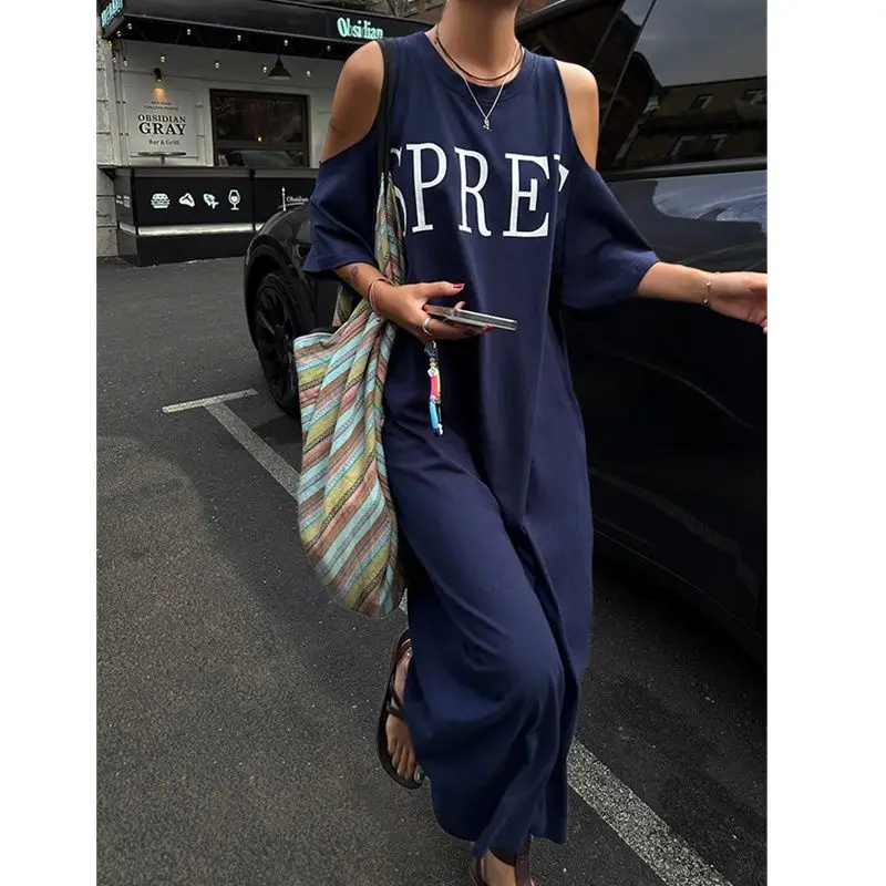 High Street Off Schouder Losse T-shirt Jurk Zomer Nieuwe Korte Mouw Plus Size Casual Lange Jurk Vintage Mode Dameskleding