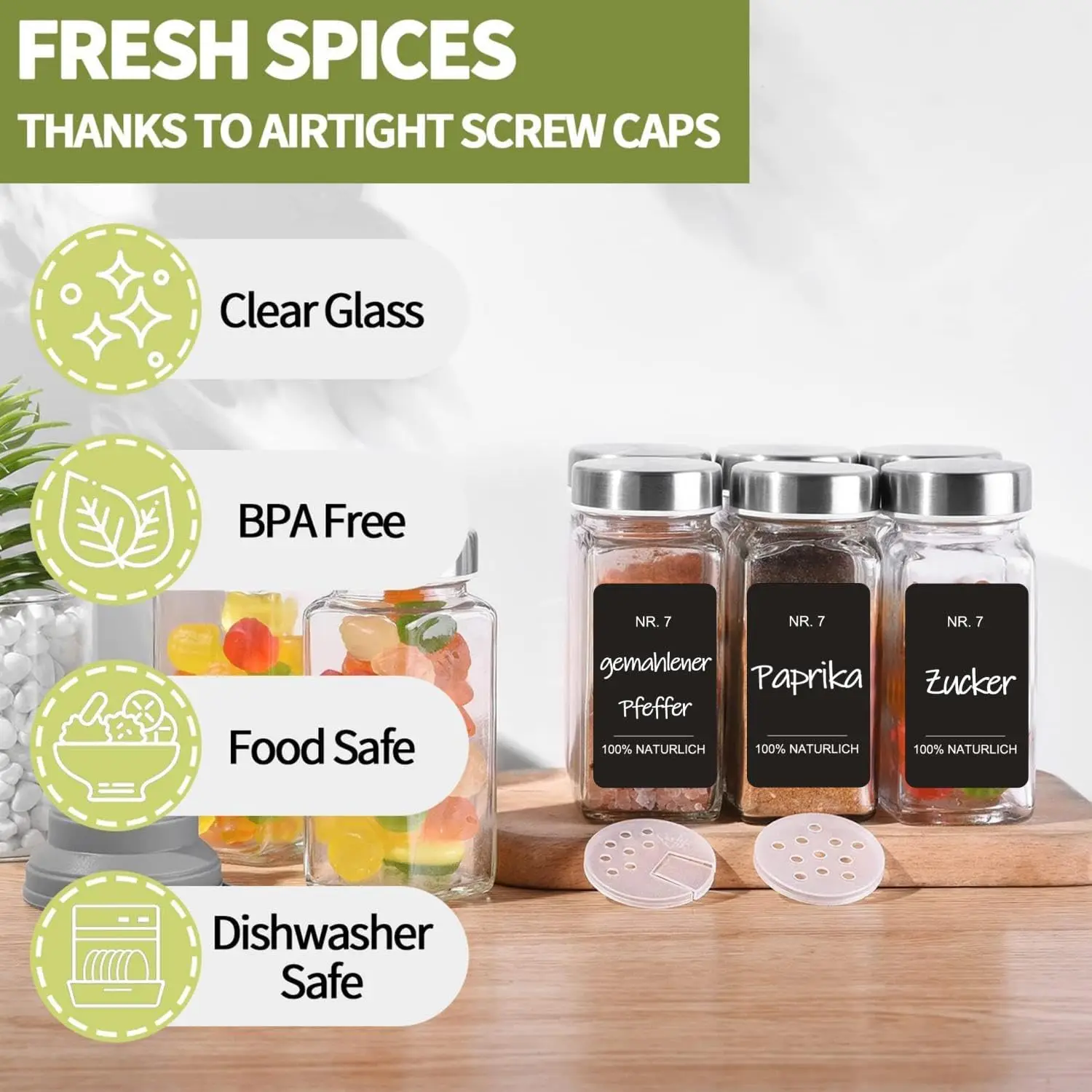 SIAZIH Gewürzregal, freistehend, 3-lagiges Wandregal aus Karbonstahl mit 24 x 120 ml Gewürzgläsern für Küchenschrank-Organizer – Detail 4