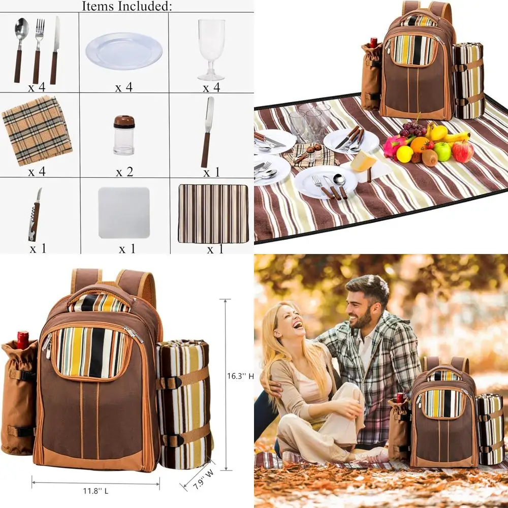 

Изолированный рюкзак для пикника на 4 человека с посудой, очками, одеялом и салфетками для приключений на свежем воздухе