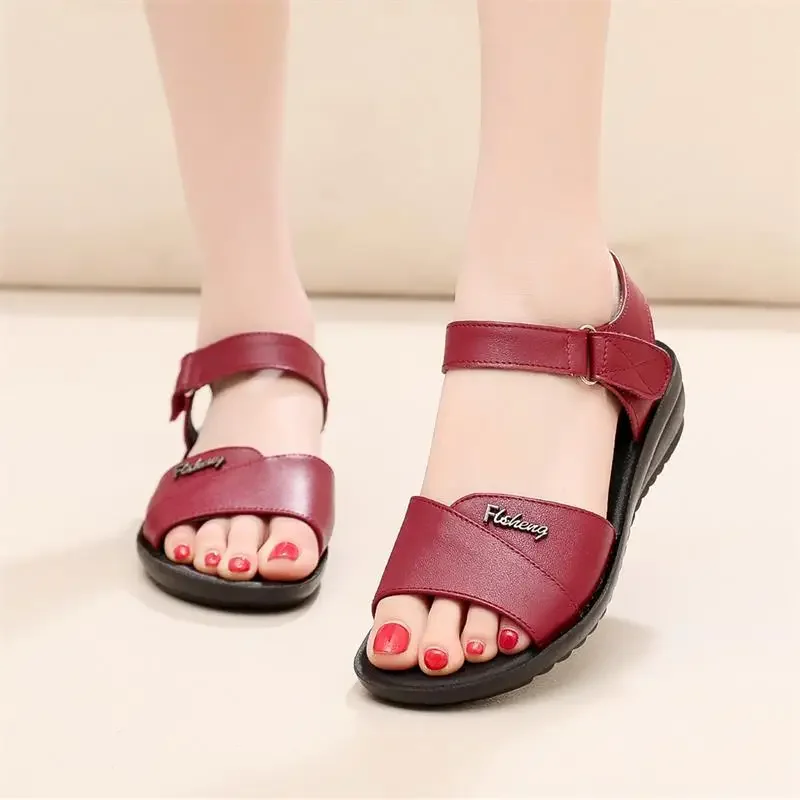 Summer Fashion Genuine Leather Ladies Sandals middle-aged non-slip flat comfortable old shoes large size Soft bottom women shoes