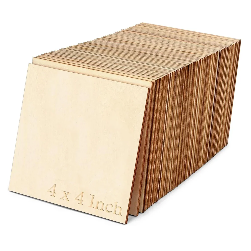 Hoja de madera cuadrada de 4x4 pulgadas en blanco para manualidades, cuadrados finos de madera sin terminar para pintura de madera, tinción de madera grabada