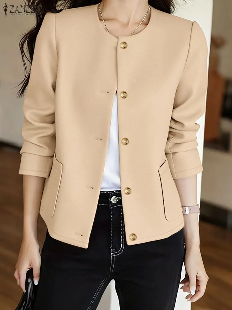 

ZANZEA женский осенний легкий пиджак 202, повседневный однотонный пиджак с круглым вырезом на пуговицах и длинными рукавами, элегантная офисная одежда 3XL