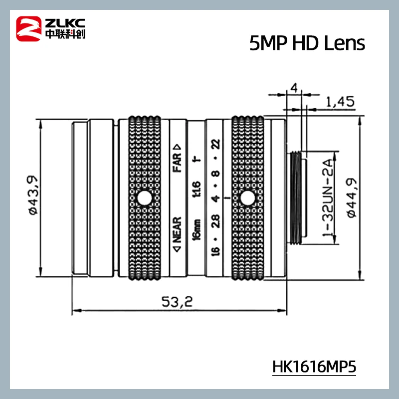 ZLKC 1 นิ้วเลนส์กล้อง 16 มม.เลนส์โฟกัสคงที่ 5MP C Mount Manual Iris F1.6-22 การบิดเบือนต่ําสําหรับเครื่อง Vision กล้อง